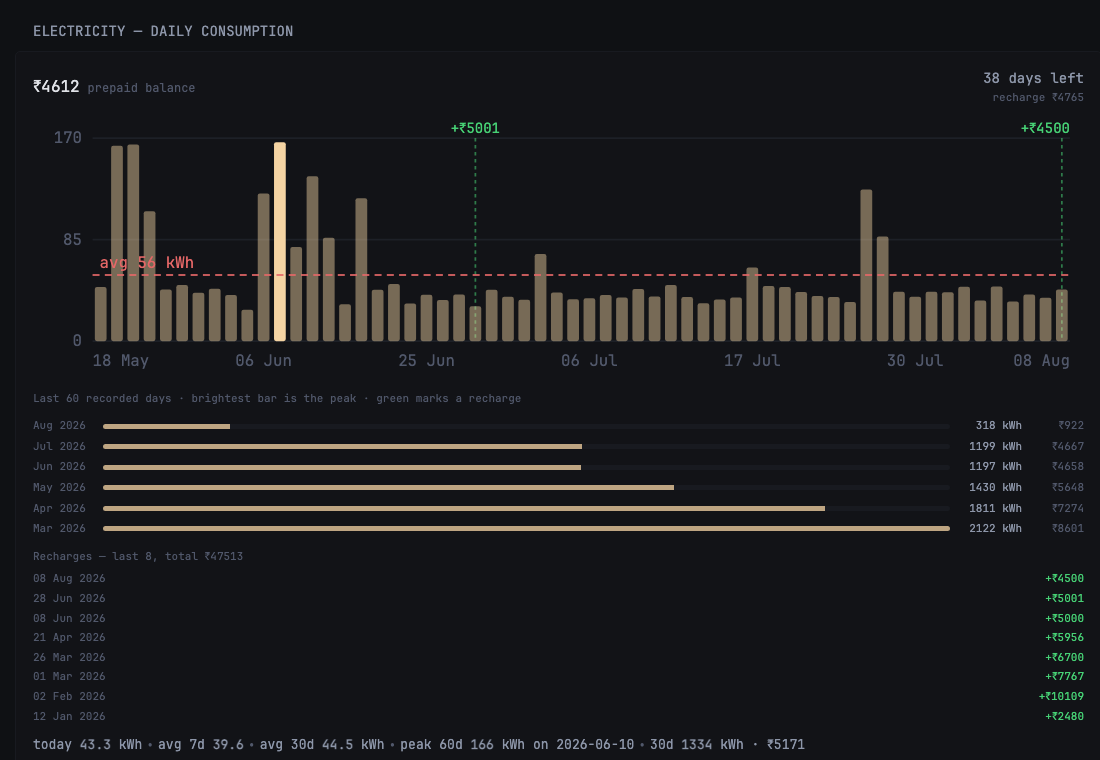 The live Electricity - Daily Consumption section from the Glance smart-home page.