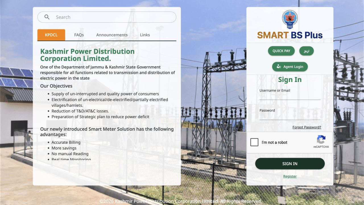 KPDCL's Smart BS Plus portal, the official consumer entry point for prepaid electricity data.