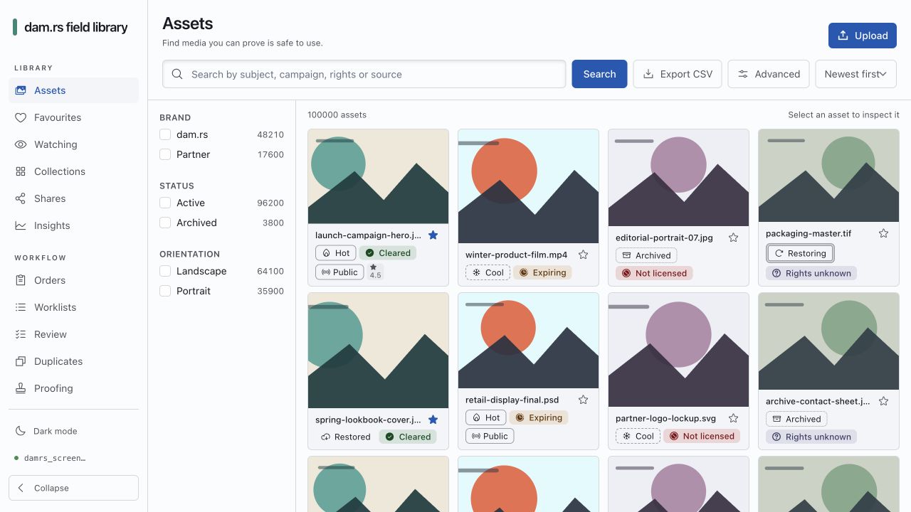 The dam.rs asset grid showing a 100,000-item result count, virtualized cards, filters, rights states, and storage tiers