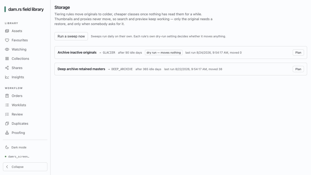 The dam.rs storage screen showing operator-owned lifecycle rules and their dry-run state