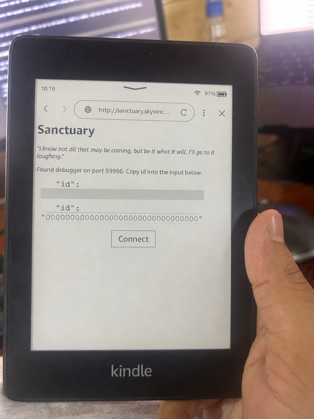 The Sanctuary jailbreak page after finding the Kindle debugger, with the session identifier redacted