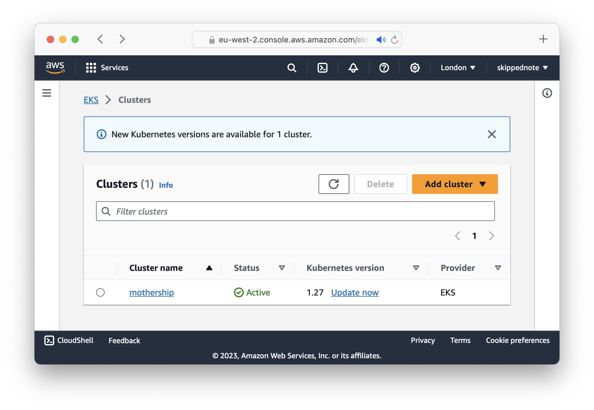 Screenshot of AWS Console with EKS service page open